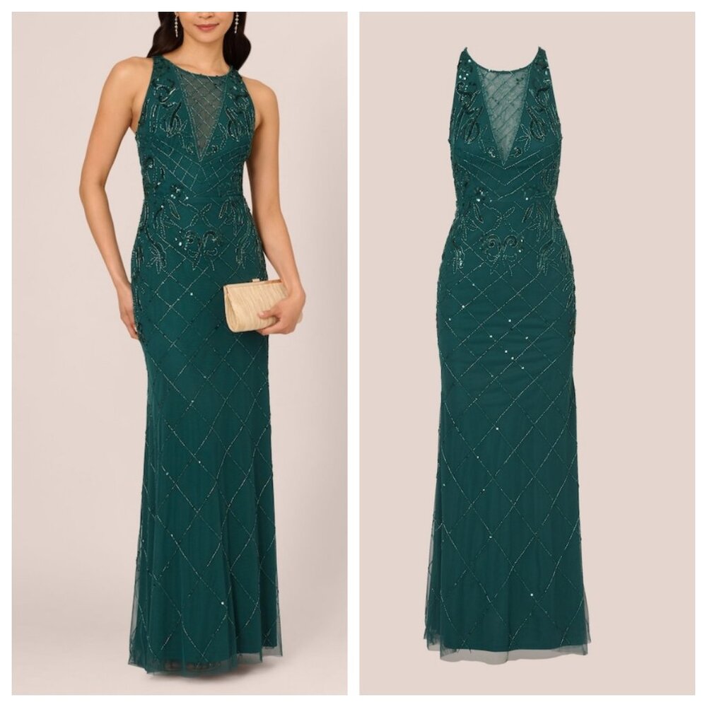 Adrianna Papell Green Beaded Mesh Gown